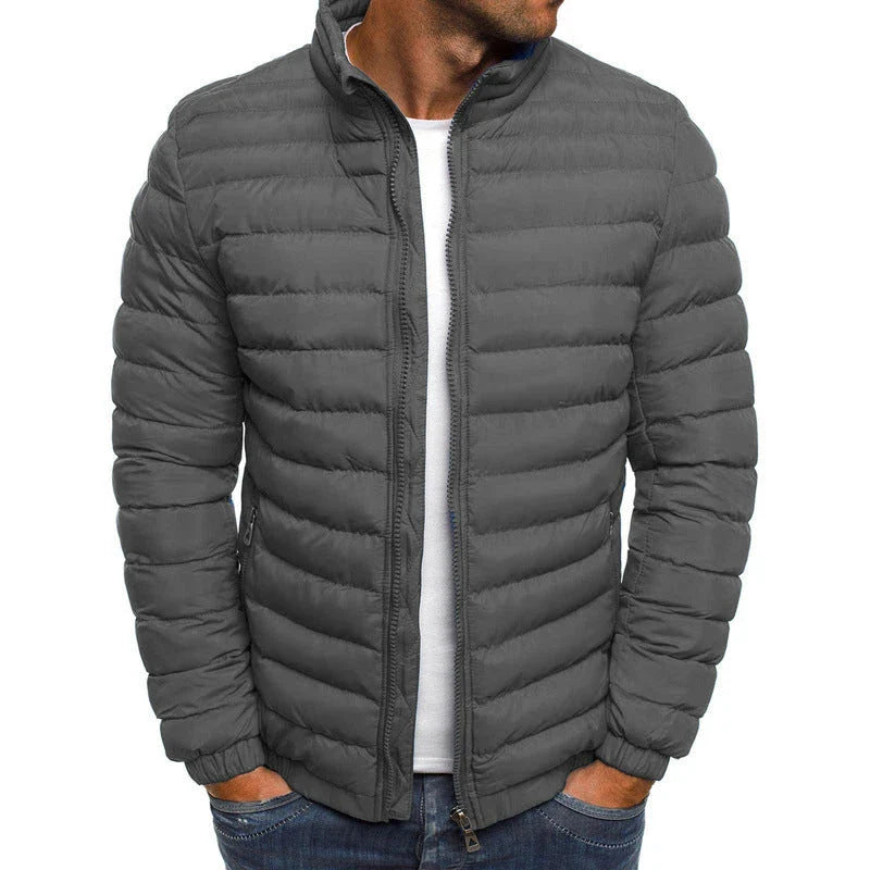 Men's insulated jacket in various solid colors with zipper closure, long sleeves, and pockets