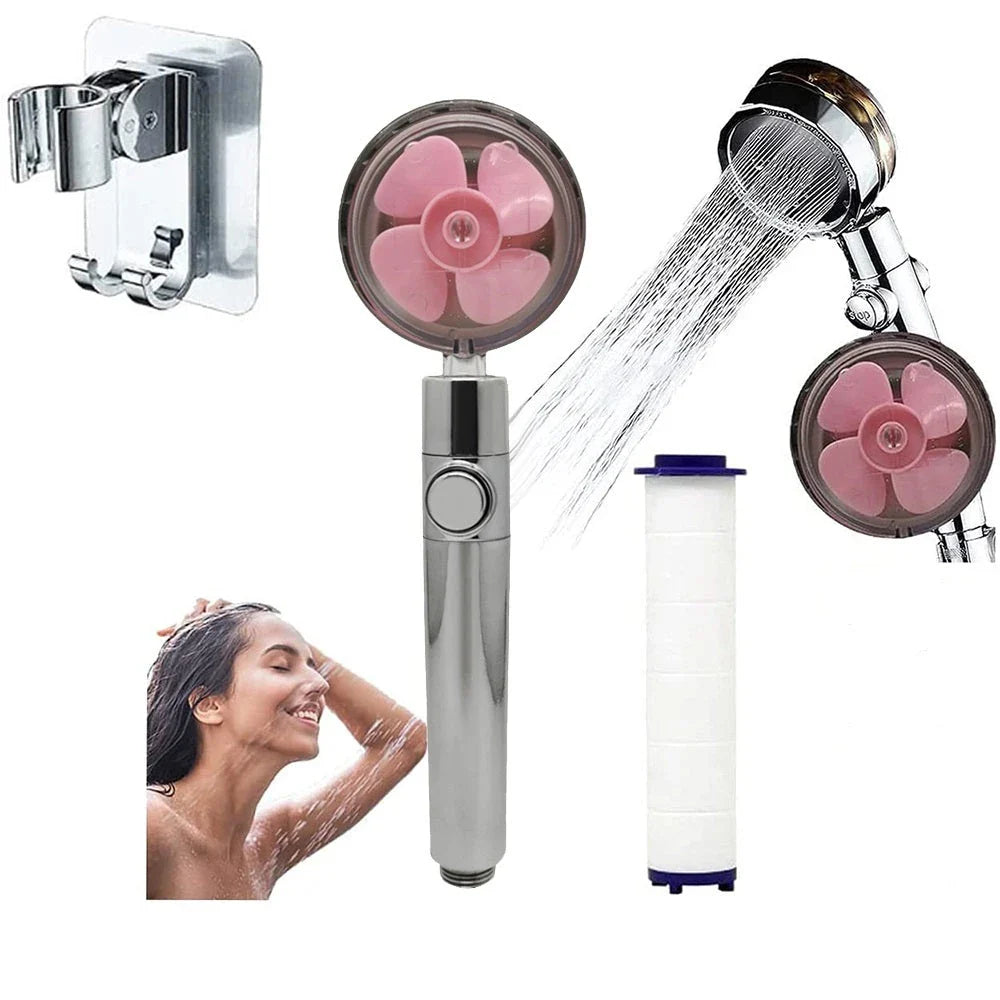 A high-pressure handheld shower head with a turbo-charged water flow and a cotton filter for a luxurious, spa-like bathing experience.