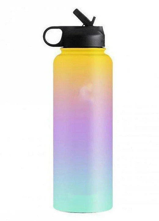 Stainless steel insulated water bottle with wide mouth and push-button lid for hot and cold beverages