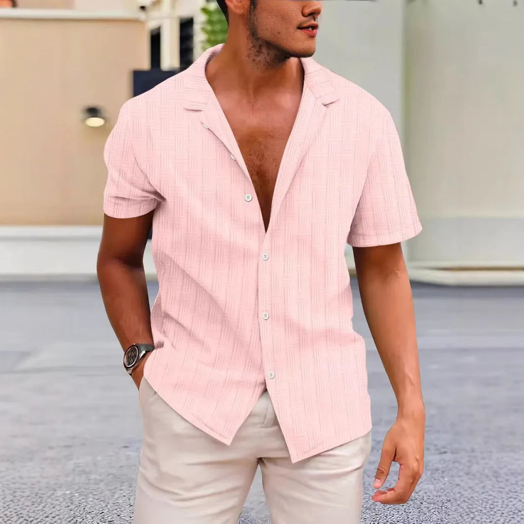 Short sleeve corduroy shirt in apricot colour showing British style casual design.