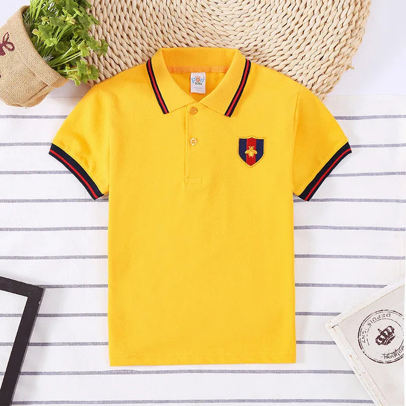 Boys' cotton short sleeve lapel collar shirt in red, navy blue, bright yellow, or off-white, sizes 90cm to 130cm.