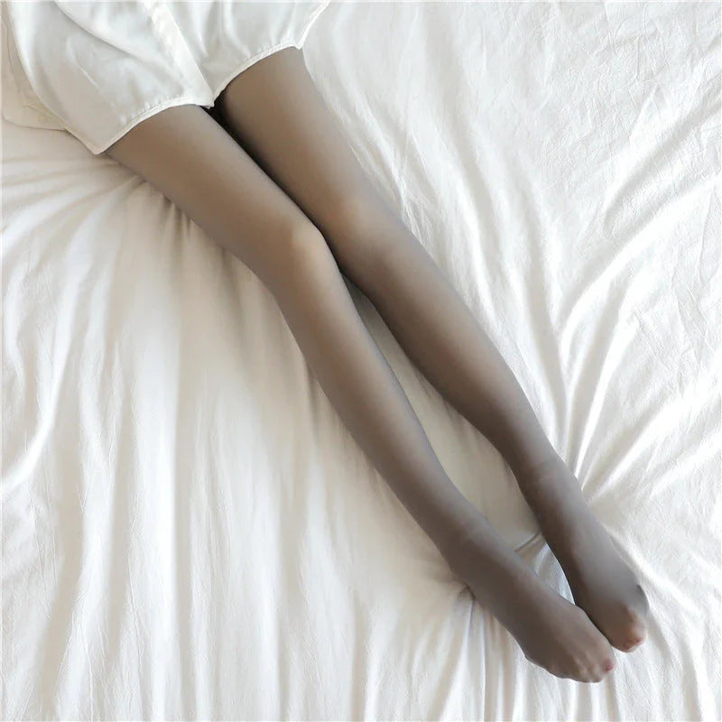 Cozy fleece-lined tights in various colors, featuring a unique translucent design and high-waisted fit for warmth and style.