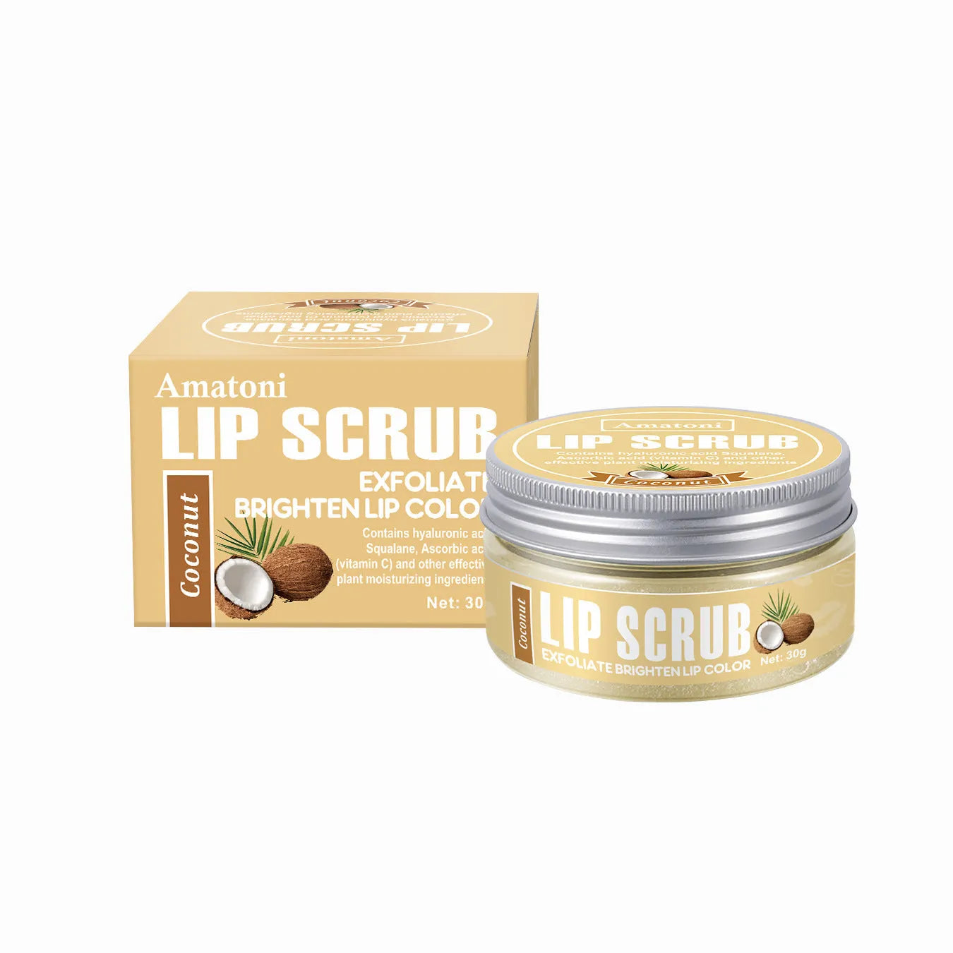 Amatoni 30g pot of fruit flavour lip scrub cream in coconut, raspberry, vanilla, or watermelon