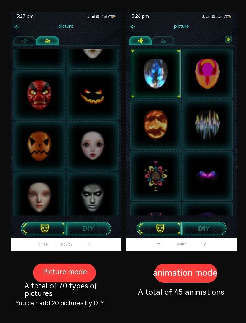 LED-powered face masks with gesture-controlled lighting effects for Halloween, parties, and other celebrations