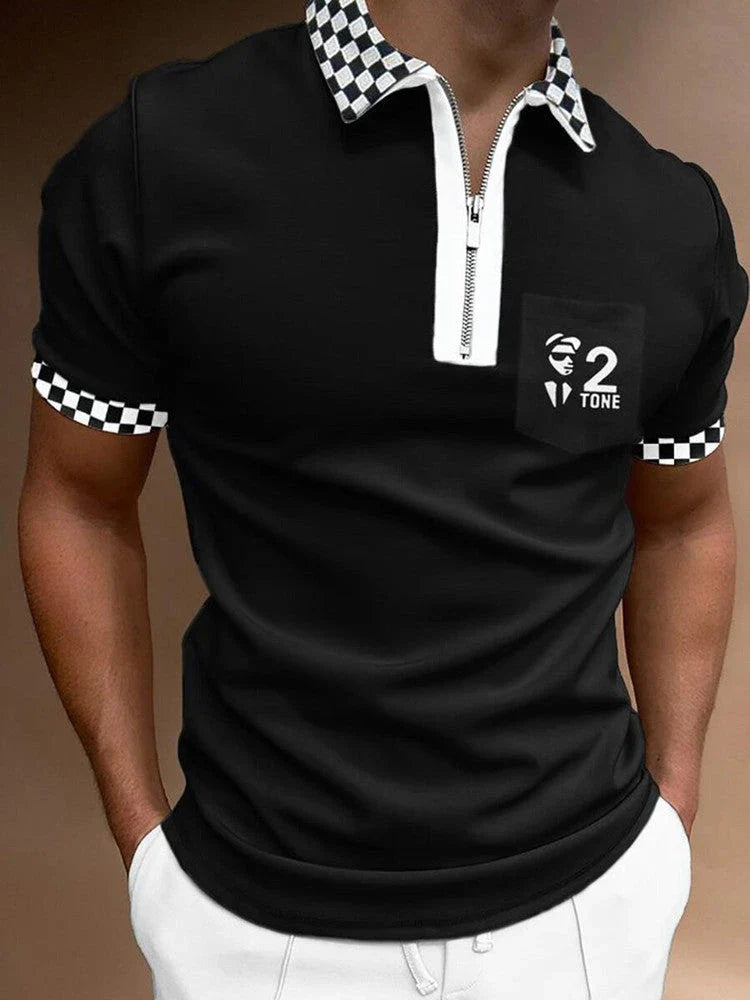 Premium striped polo shirt with short sleeves, made from high-quality cotton-blend fabric for comfort and style.
