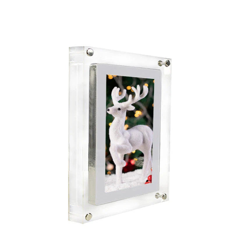 Stylish digital photo frame with high-resolution display, supports photo, video, and music playback