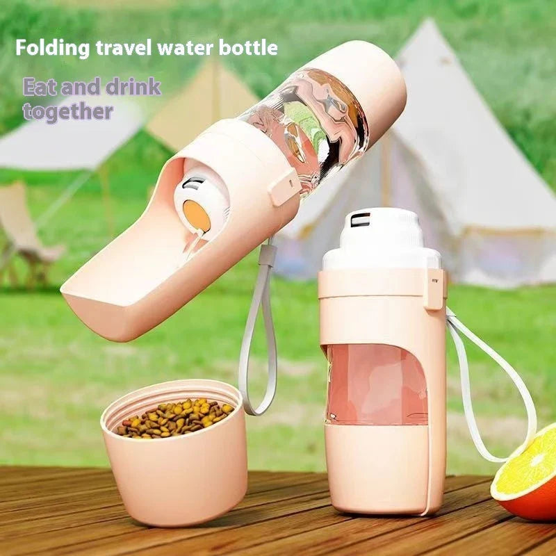 Portable 2-in-1 travel dog water bottle and feeder with lanyard, suitable for outdoor activities with pets