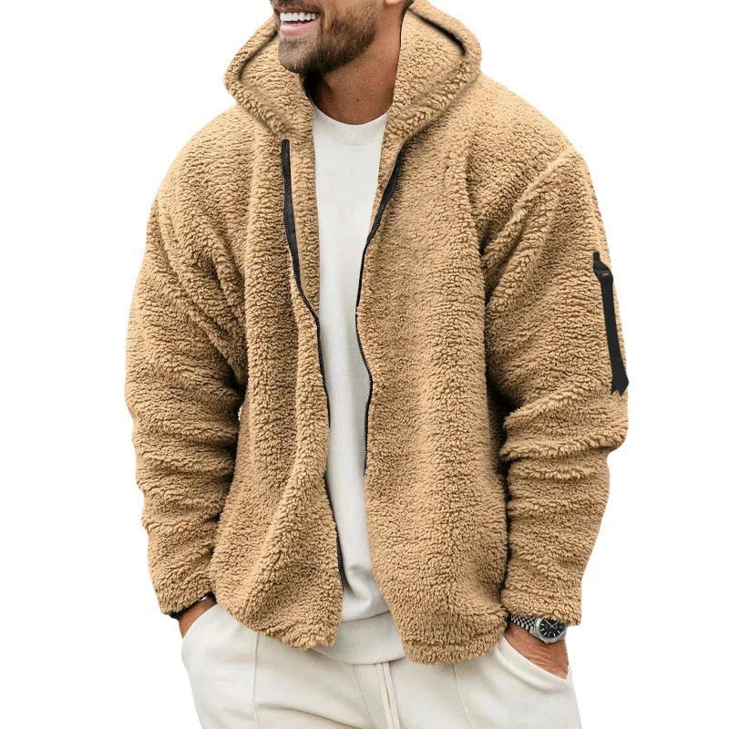 Plush hooded jacket in various colours, featuring a cosy design with a relaxed fit and convenient side pockets