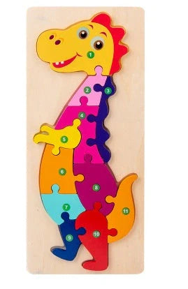 A charming wooden puzzle featuring a variety of cartoon animal designs, including a steamship, aircraft, dinosaur, and more.