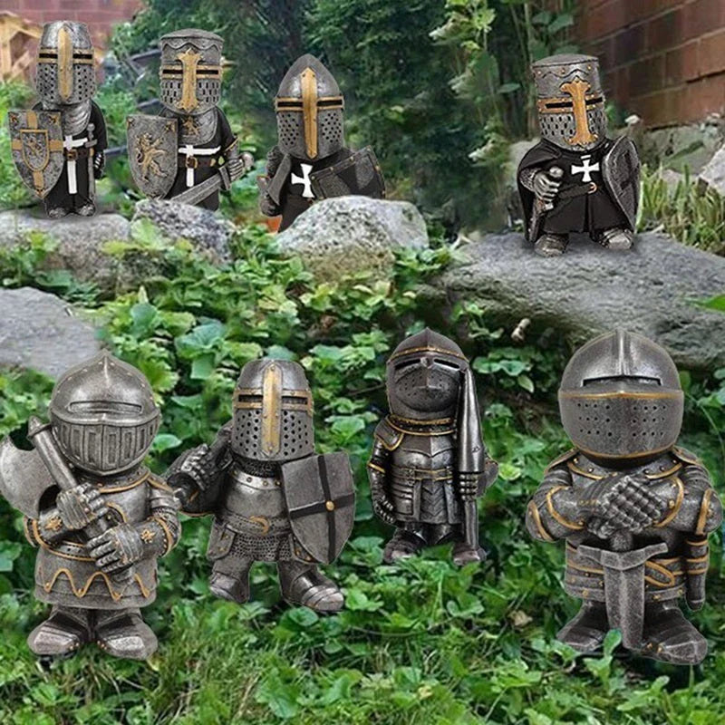 Decorative resin dwarf knight statues in various warrior poses, designed to protect and enchant garden and lawn spaces
