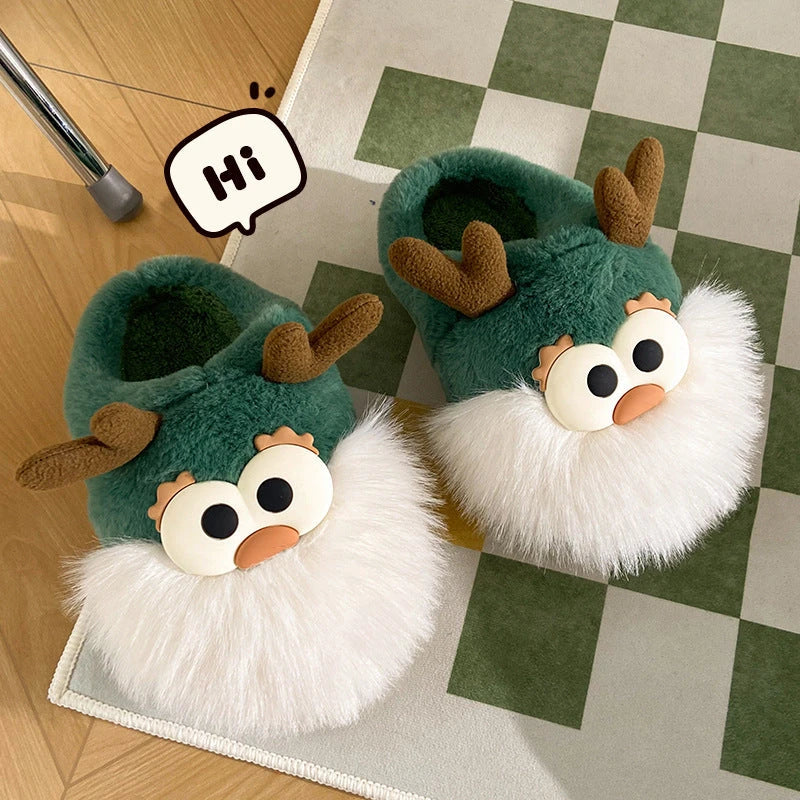 Cozy cartoon deer-themed plush slippers in various colors with thickened sole and half-covered heel for winter warmth and comfort