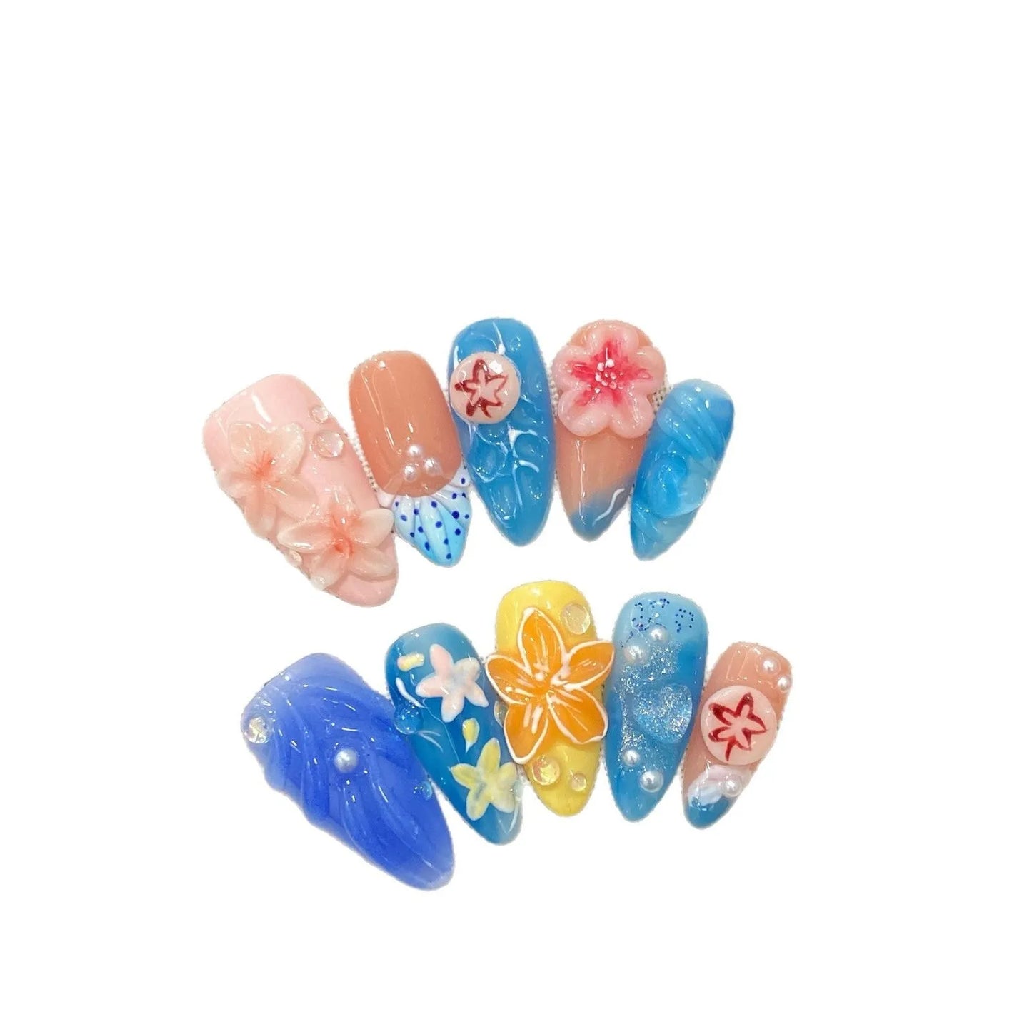 Three-dimensional plastic wearable armour set with carved jellyfish decorations in almond nail colour.