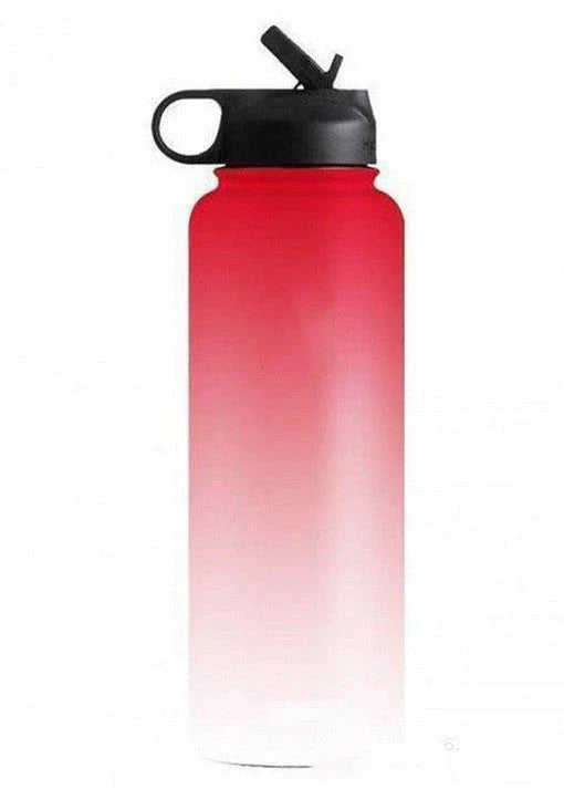Stainless steel insulated water bottle with wide mouth and push-button lid for hot and cold beverages