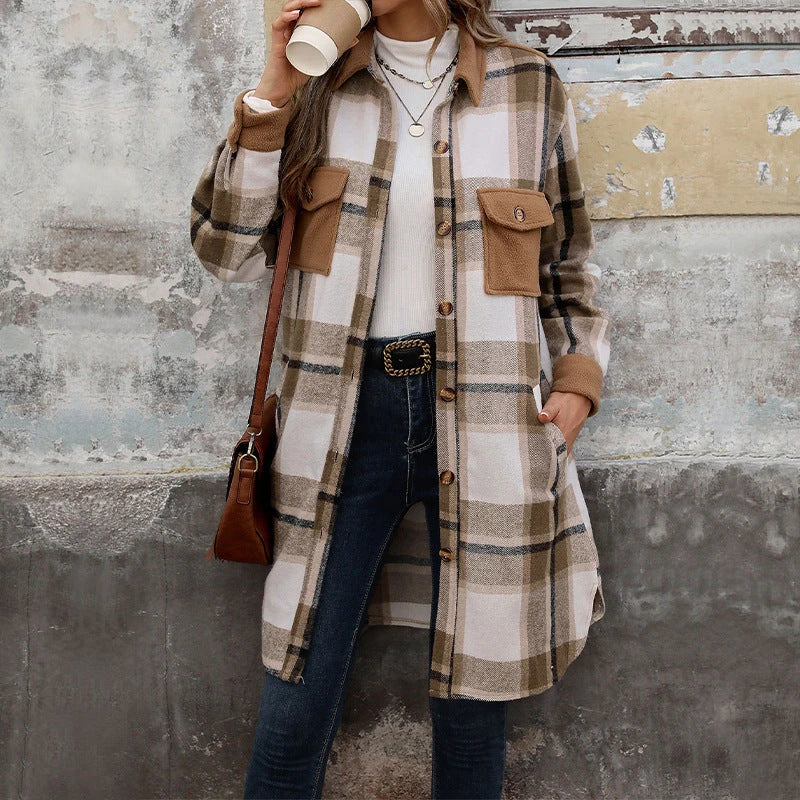 Stylish brushed plaid long coat with pockets, available in coffee, grey, and wine red colors