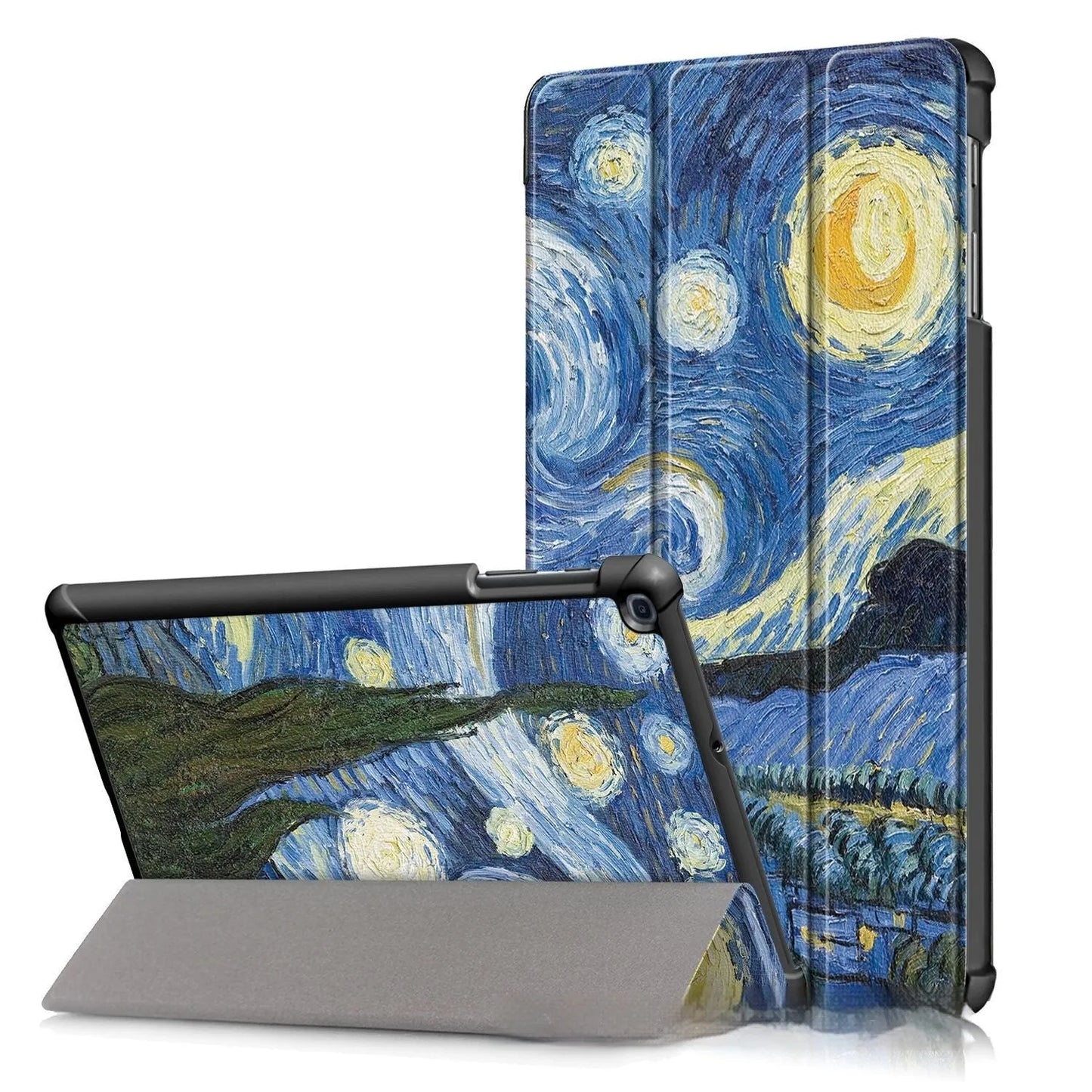 Plastic tri-fold flip cover case for a Samsung tablet showing decorative design options.