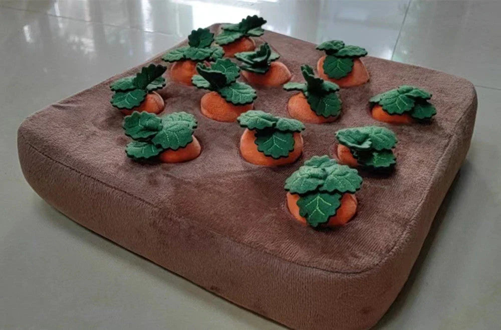 Plush carrot-shaped dog toy with snuffle mat for interactive play and mental stimulation