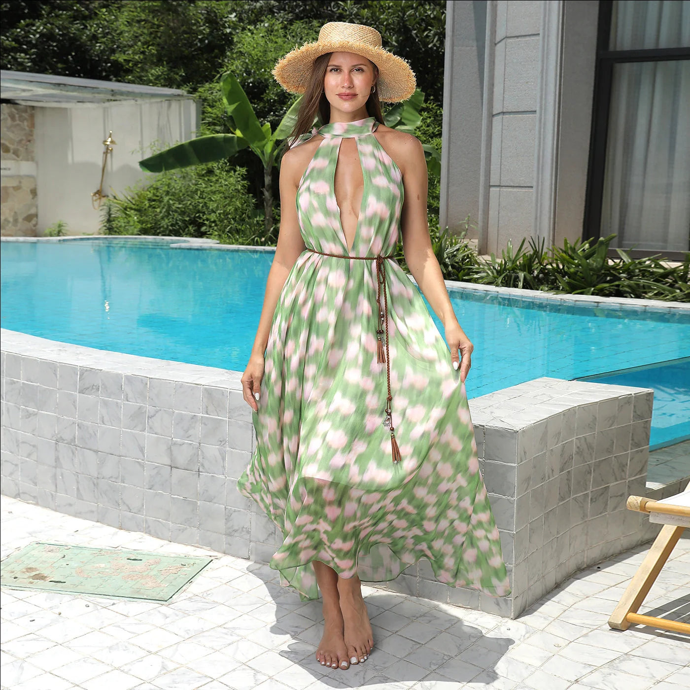 Stylish women's printed polyester dress in vibrant green