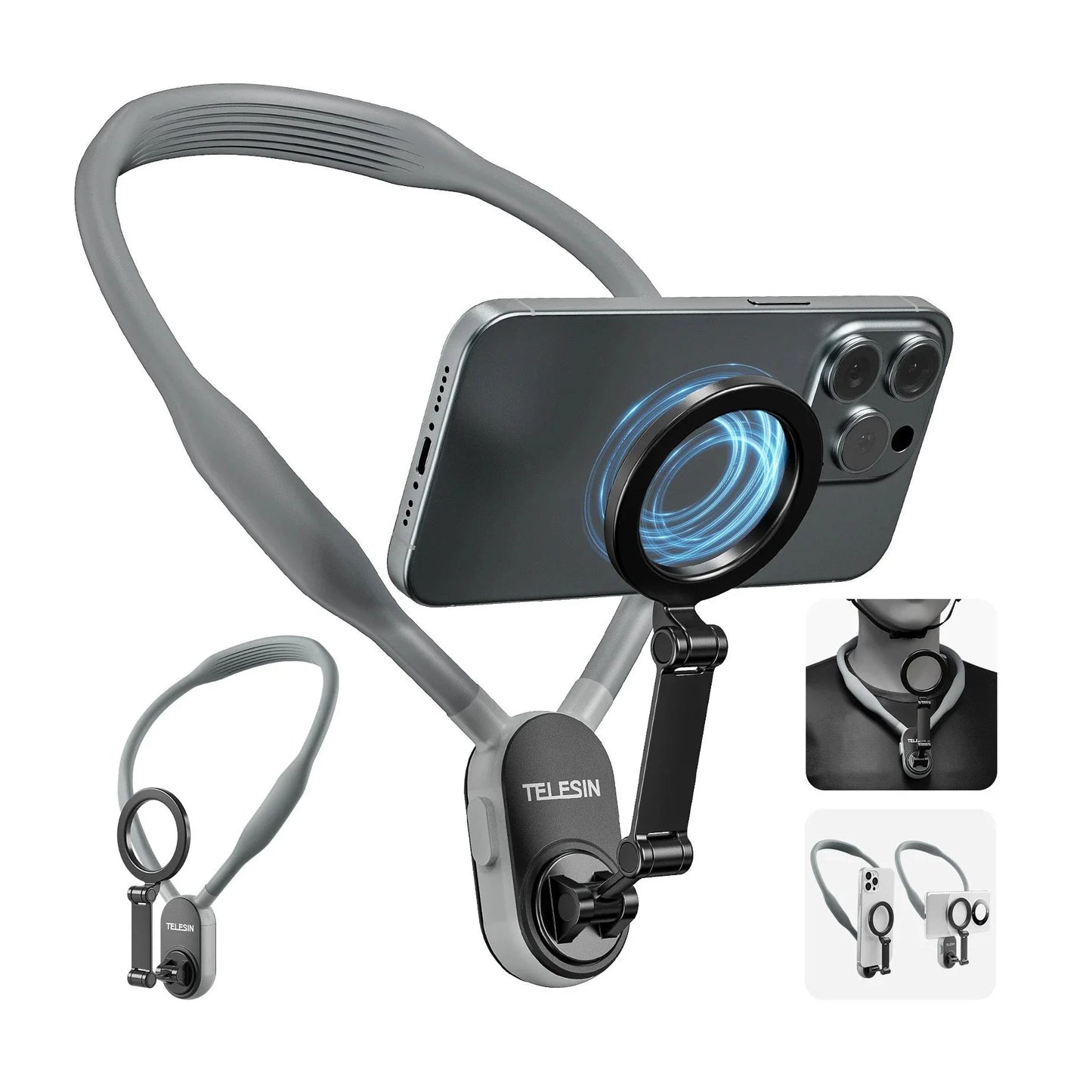 Magnetic silicone phone neck mount with adjustable design and quick-release feature for hands-free mobility