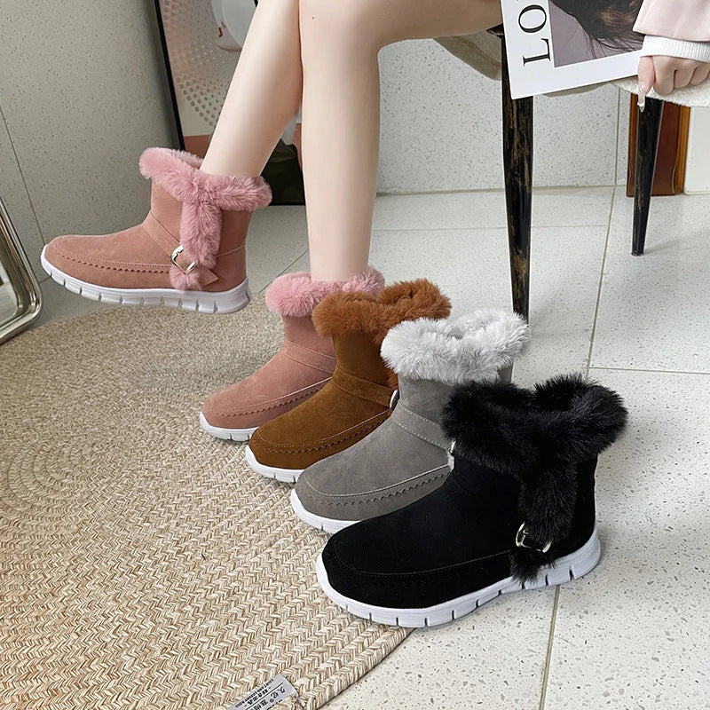 Plush ankle snow boots with buckle design and soft, warm lining for women in various color options