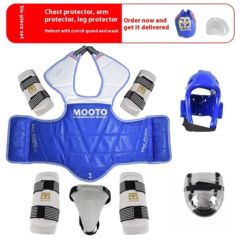 Taekwondo protective gear set in red or blue with four to eight pieces and sizes from 110cm to 190cm
