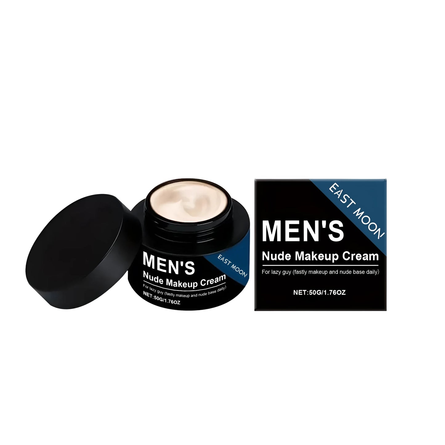 Container of men's nude makeup cream with 50g capacity for natural coverage.