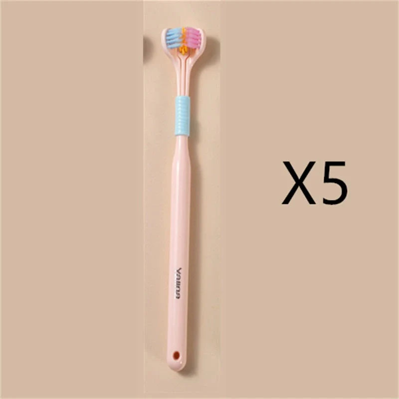 A soft bristle toothbrush with a unique triple-sided brush head for deep cleaning and customizable bristle firmness.