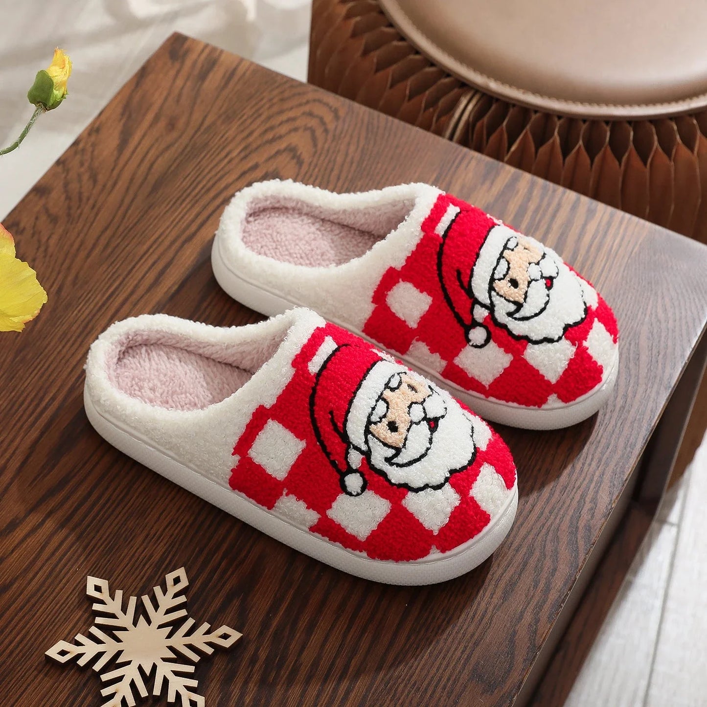 Soft, plush Santa Claus plaid slippers with non-slip soles for cozy indoor wear