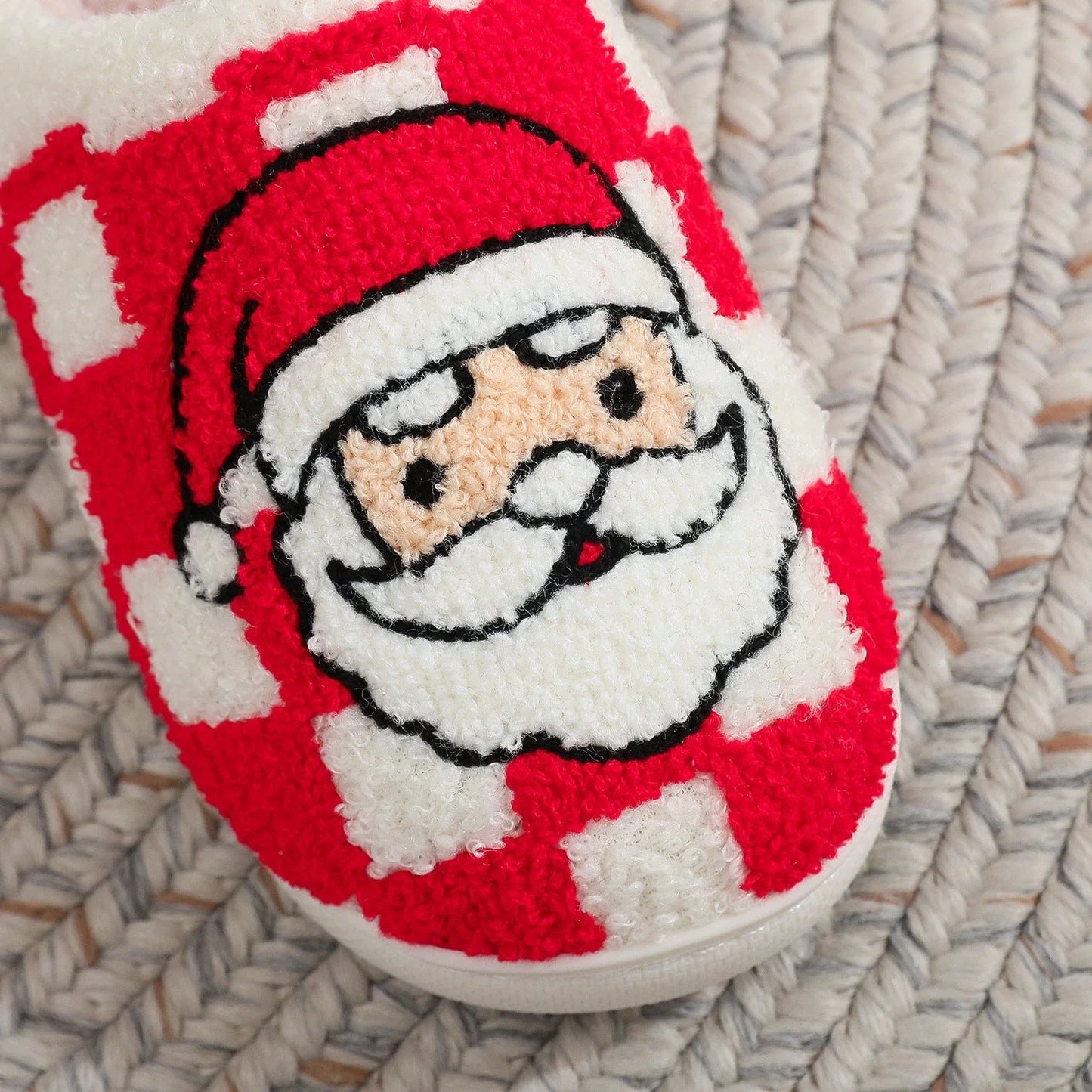 Soft, plush Santa Claus plaid slippers with non-slip soles for cozy indoor wear
