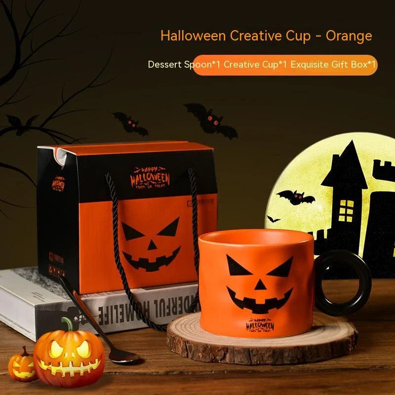 Festive pumpkin-themed ceramic mugs in orange and white colors, perfect for Halloween celebrations and enjoying hot or cold beverages