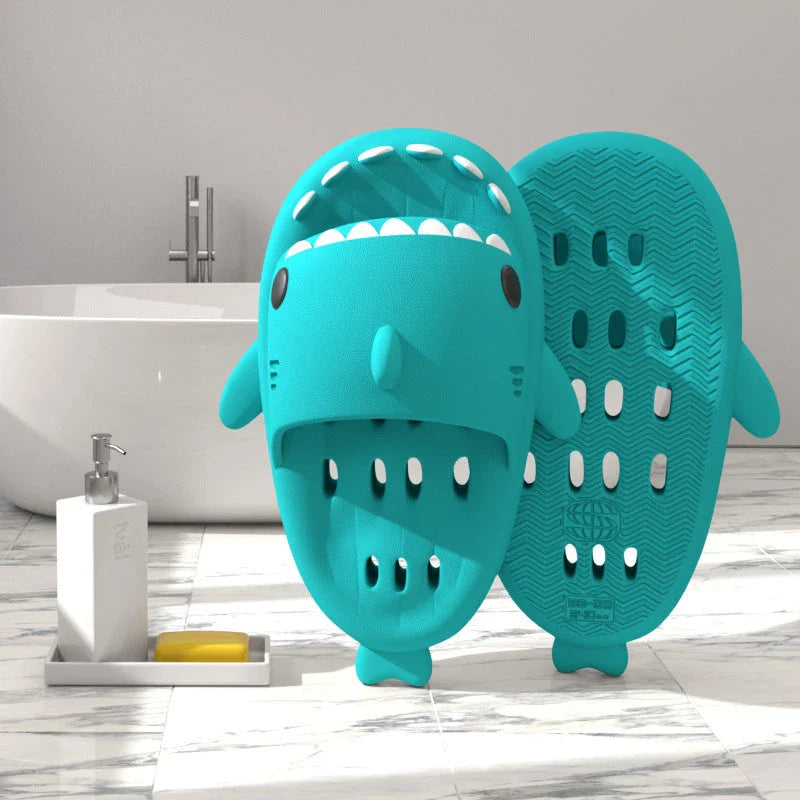 Stylish shark-themed shower slides with drainage holes and non-slip soles, made of lightweight and quick-drying EVA material
