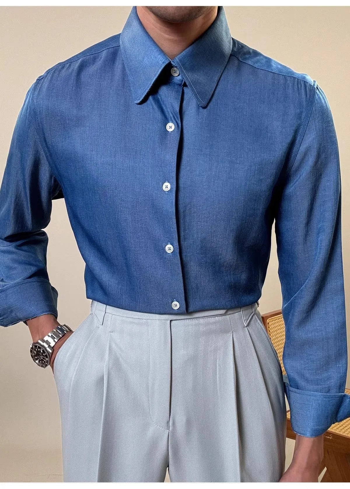 Men's round collar long sleeve shirt in slim fit available in sky blue and denim blue colours