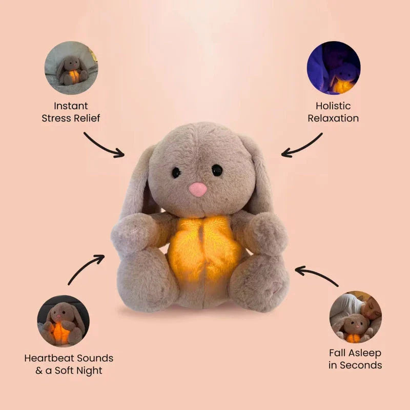 Soothing and relaxing plush breathing bunny toy with calming lights and music to help babies and toddlers sleep