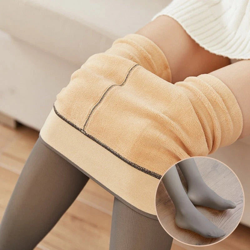 Cozy fleece-lined tights in various colors, featuring a unique translucent design and high-waisted fit for warmth and style.