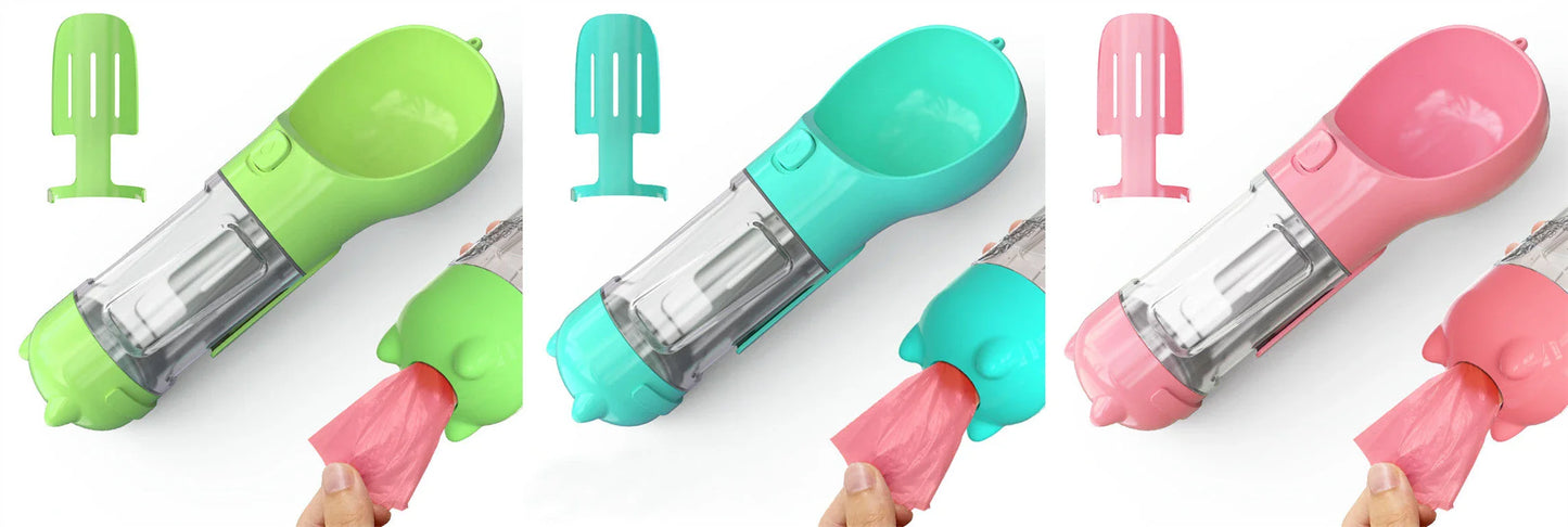 Multipurpose Pet Water Bottle with Feeding Bowl and Waste Bag Storage - Durable, Portable, and Convenient