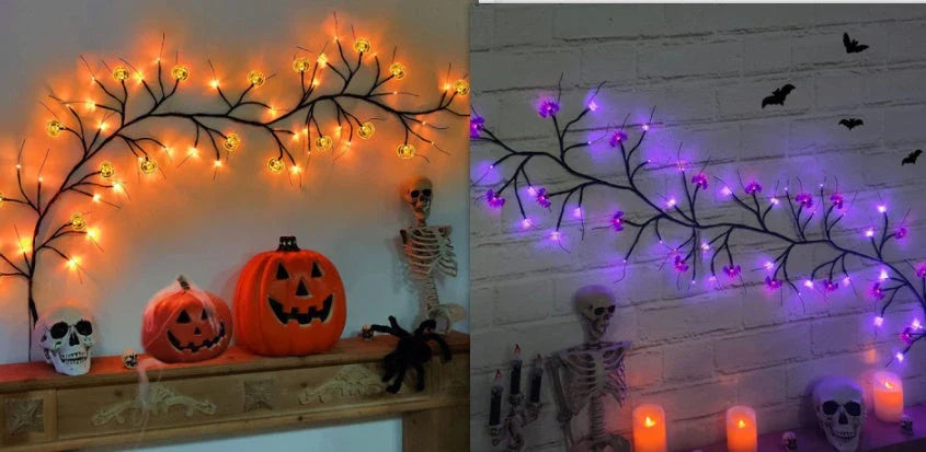 Enchanting Halloween vine lights with playful bat and pumpkin designs, creating a mesmerizing holiday display