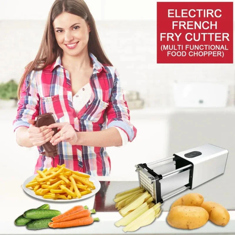 Premium electric French fry cutter with stainless steel blades and versatile cutting modes for commercial and home use
