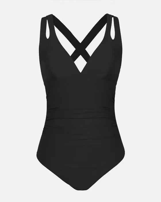 One-piece swimsuit with triangle bikini top and cross shoulder straps in solid colour