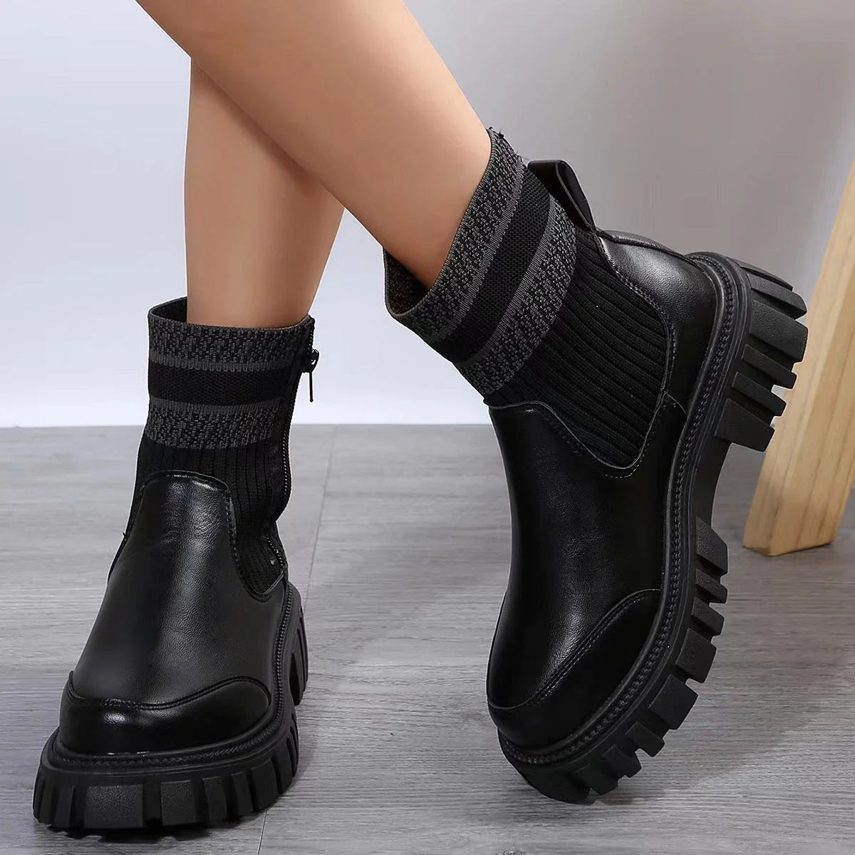Stylish mid-calf boots with zipper closure, non-slip rubber sole, and knitted patchwork upper in beige, black, and brown colors.