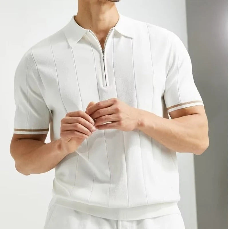 Men's stylish summer polo shirt with lapel zipper in white and dark blue