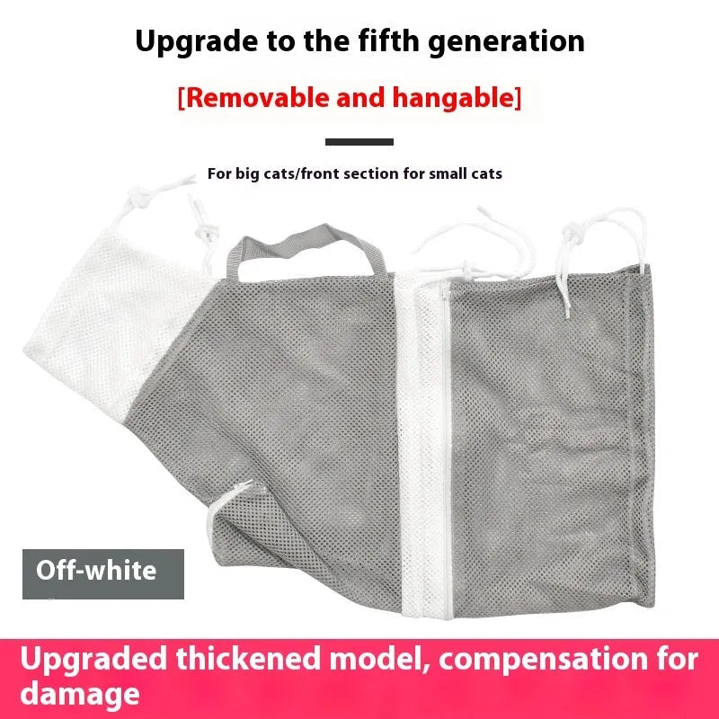 Upgraded fifth-generation cat grooming bag in grey and white, shown detachable and scratch-resistant.