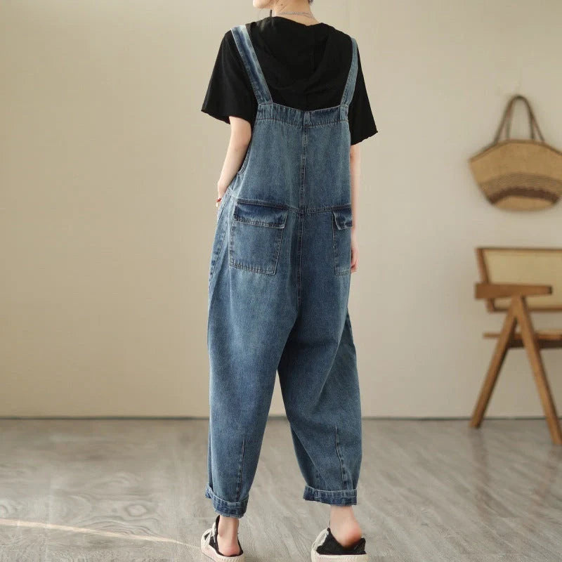 Stylish light blue denim strap pants for women with adjustable fit