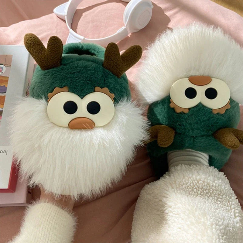 Cozy cartoon deer-themed plush slippers in various colors with thickened sole and half-covered heel for winter warmth and comfort
