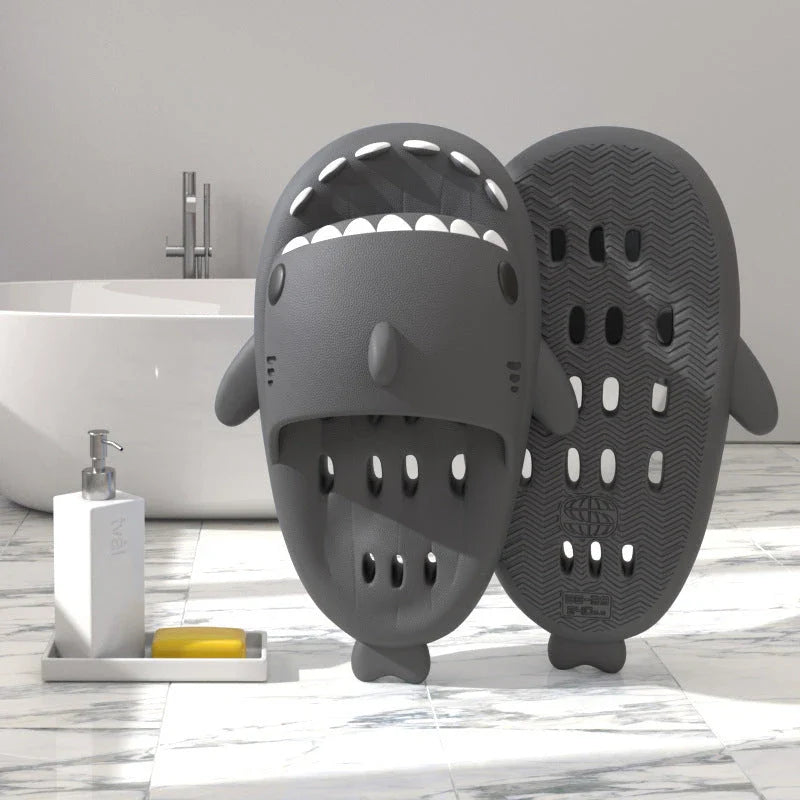 Stylish shark-themed shower slides with drainage holes and non-slip soles, made of lightweight and quick-drying EVA material