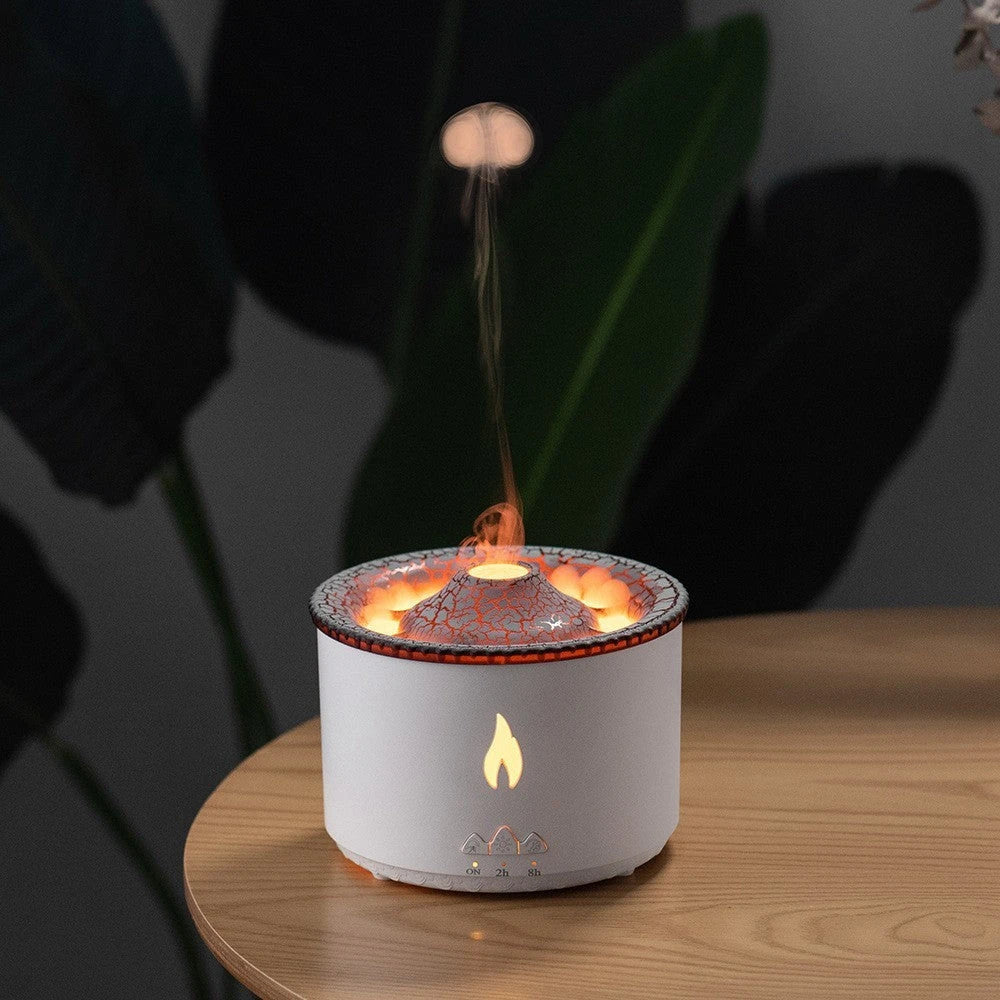 Ultrasonic essential oil humidifier with mesmerizing flame and jellyfish smoke ring effects, ideal for creating a soothing and relaxing atmosphere in any home or office.