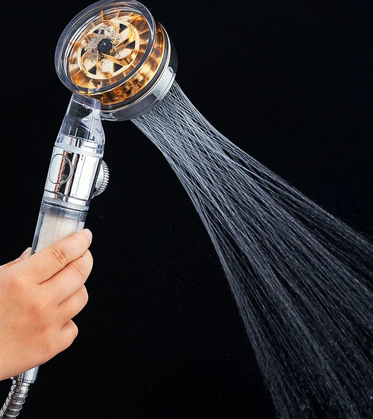 High-pressure turbo shower head with powerful water flow, made of durable ABS and stainless steel materials