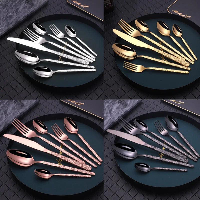 Premium embossed steak cutlery set with textured handles and mirror polish