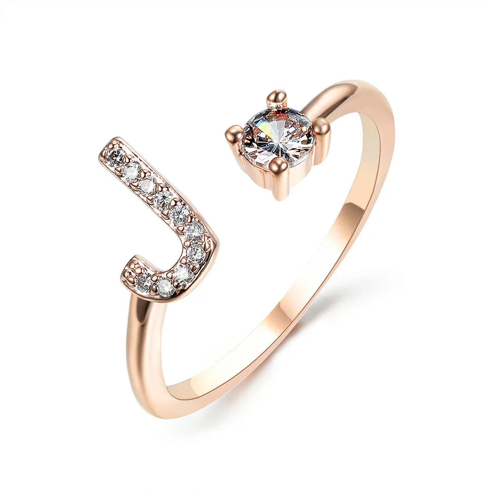 Personalized Initial Letter Crystal Ring with Adjustable Design in Gold, Silver, and Rose Gold Colors