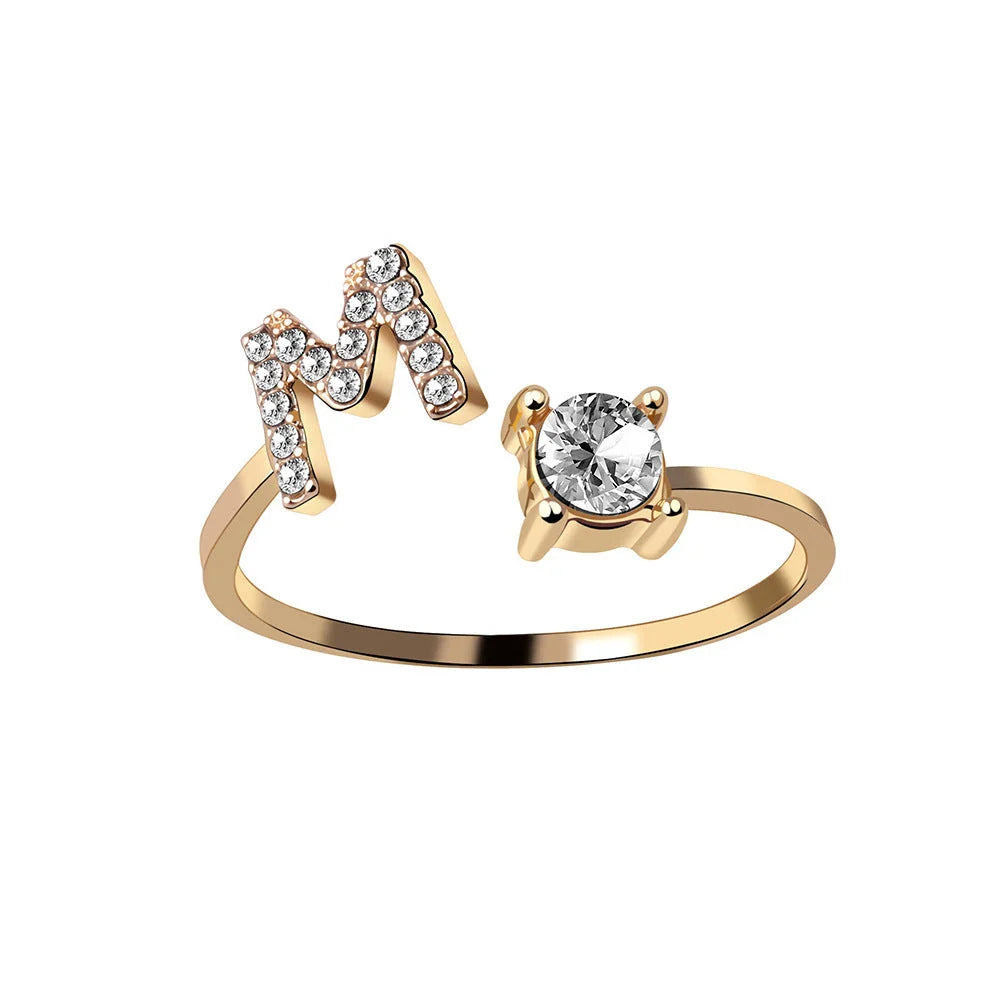 Personalized Initial Letter Crystal Ring with Adjustable Design in Gold, Silver, and Rose Gold Colors