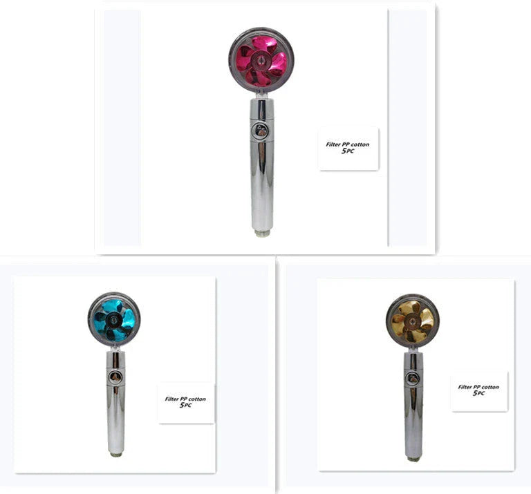 A high-pressure handheld shower head with a turbo-charged water flow and a cotton filter for a luxurious, spa-like bathing experience.