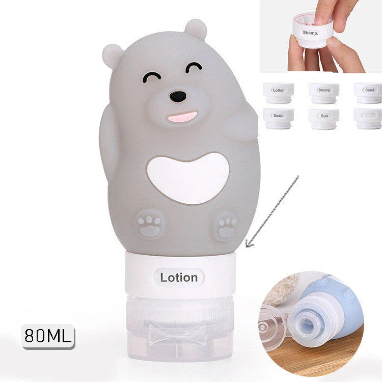 Portable animal-shaped silicone travel bottles for shampoo, shower gel, and lotion in various vibrant colors and designs